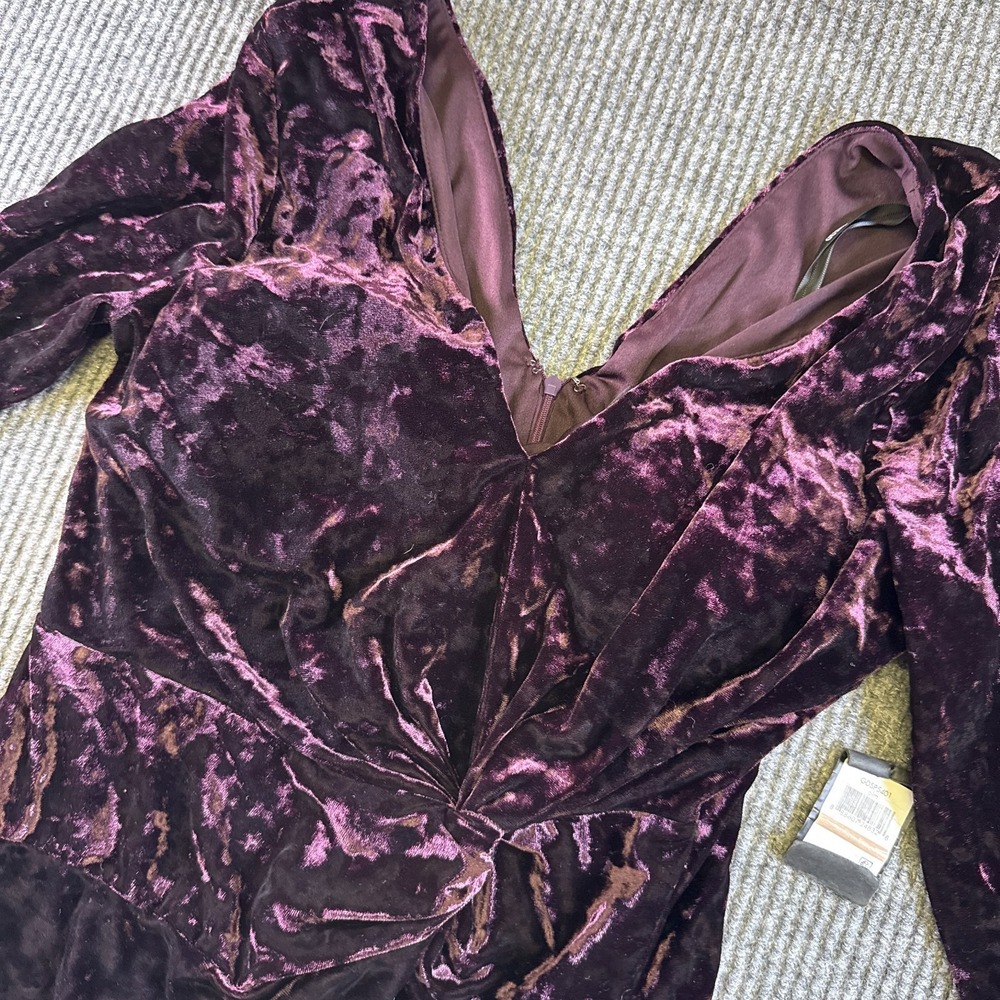 Guess Womens Size 12 Purple Crushed Velvet Dress Long Sleeve Bodycon V Neck